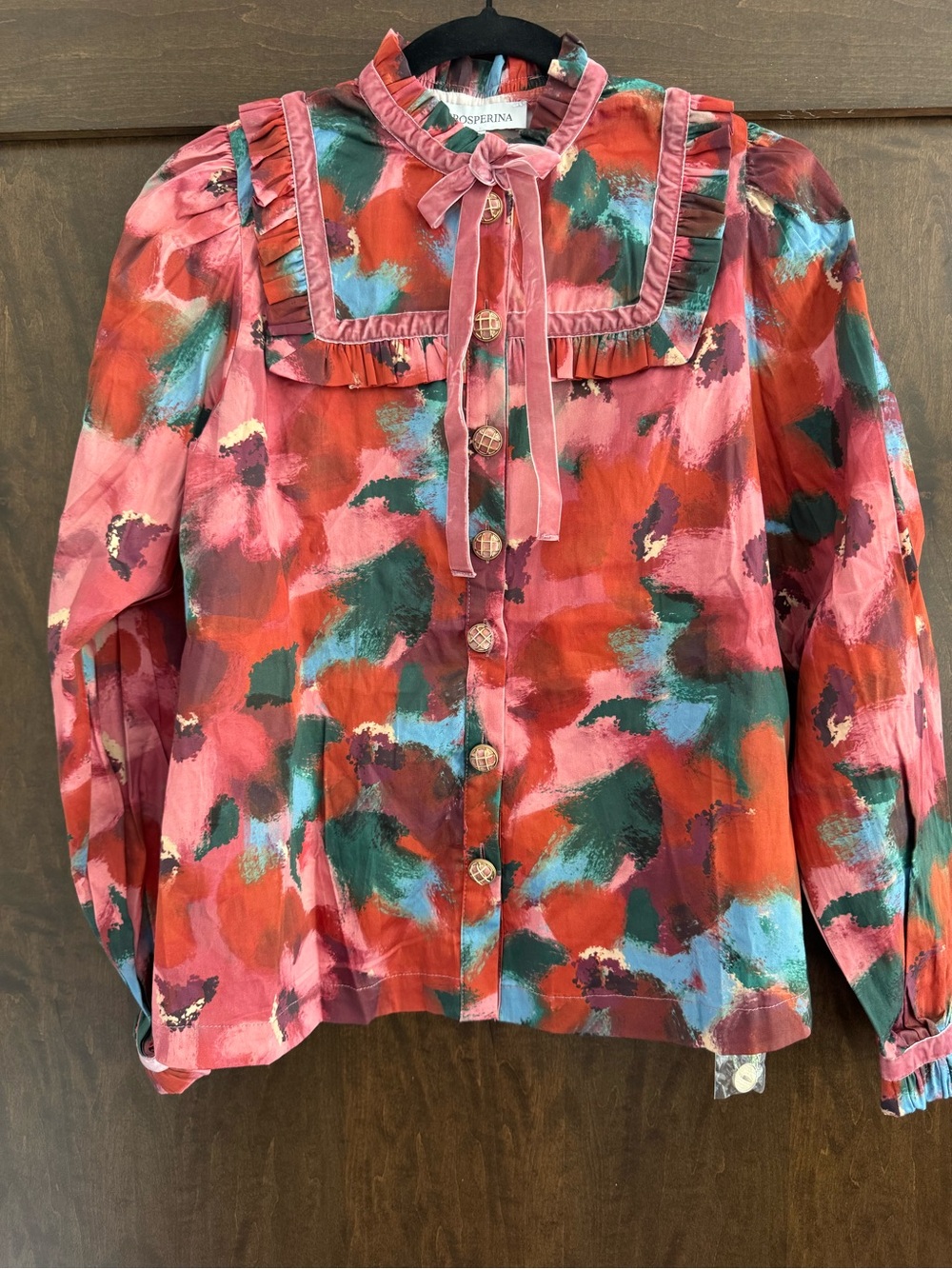 Velvet Tie-Neck Ruffle Blouse in Pink Multi